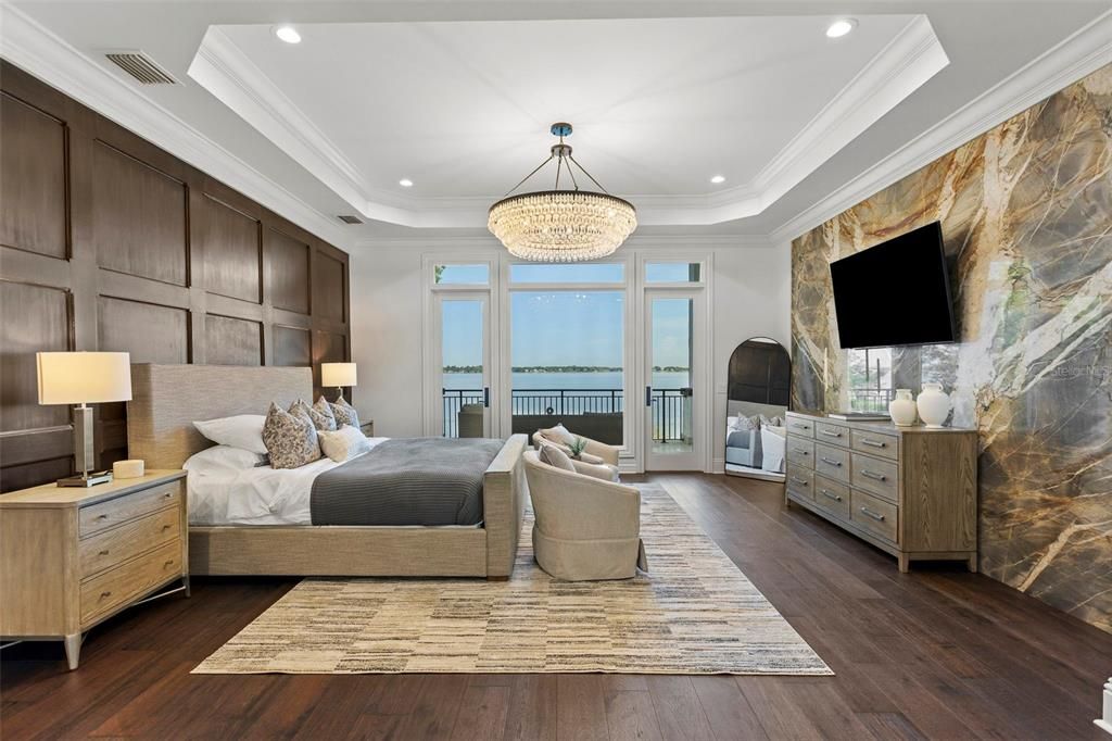 Bedroom, Chandelier, Interior, Recessed Lighting, Wood Texture Flooring