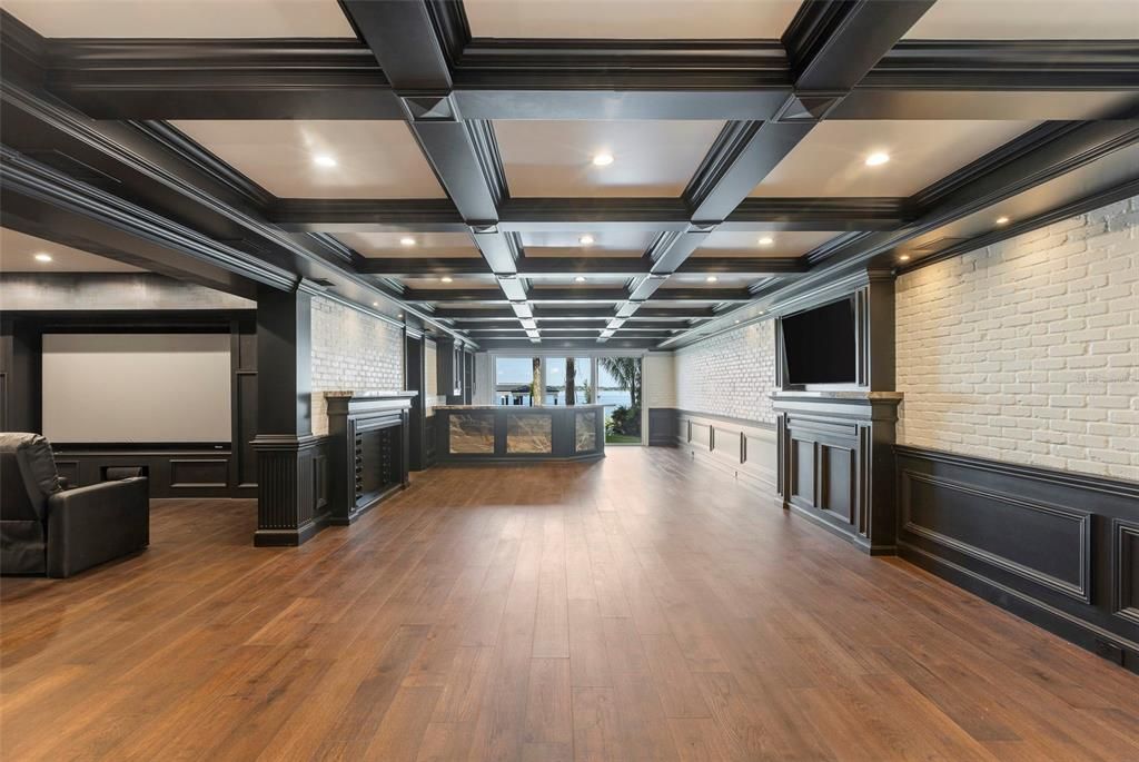 Fireplace, Interior, Recessed Lighting, Stone Walls, Wood Texture Flooring