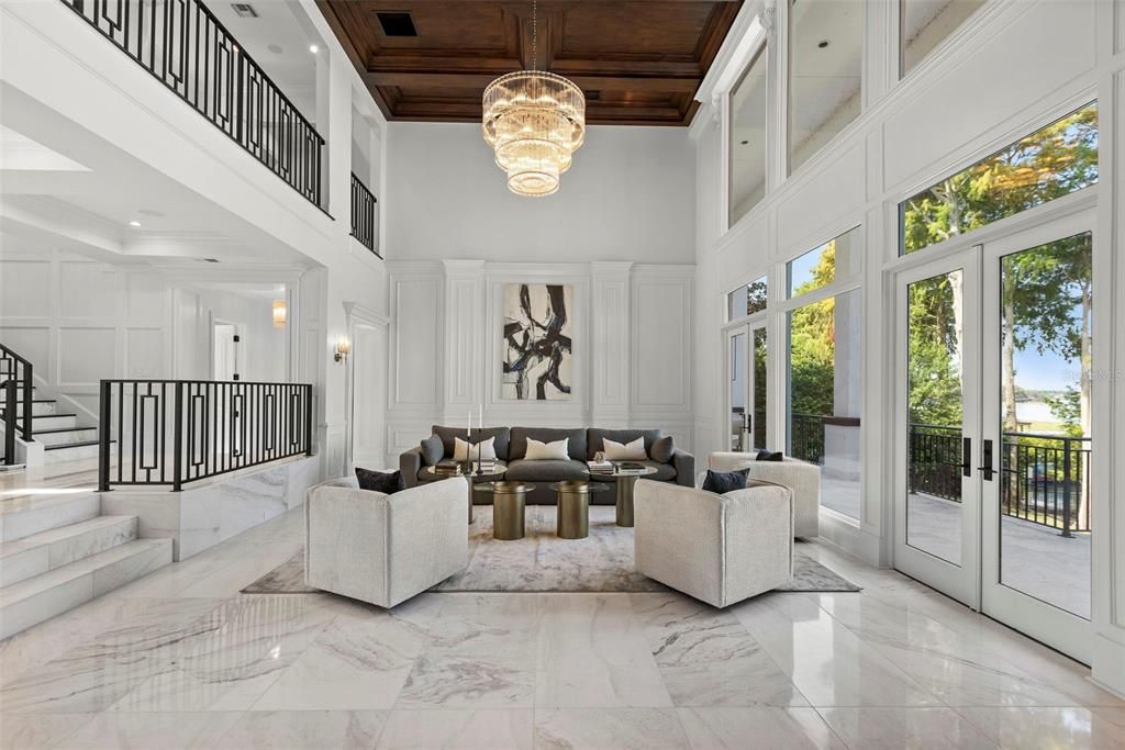 Chandelier, Interior, Living room, Marble, Recessed Lighting, Wooden Ceilings