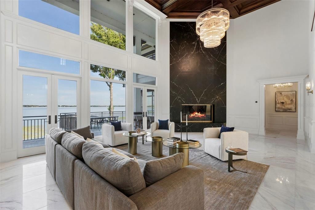 Chandelier, Fireplace, Interior, Living room, Marble, Water