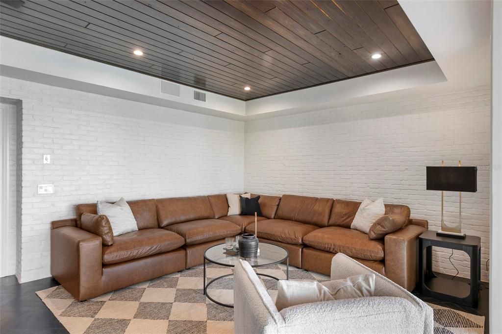 Interior, Living room, Recessed Lighting, Stone Walls, Wooden Ceilings