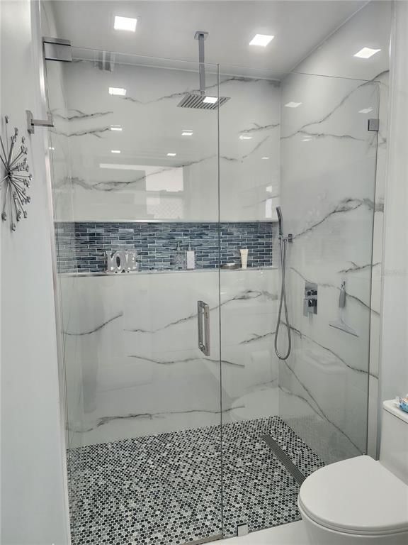 Bathroom, Glass Shower, Interior, Marble Walls, Recessed Lighting