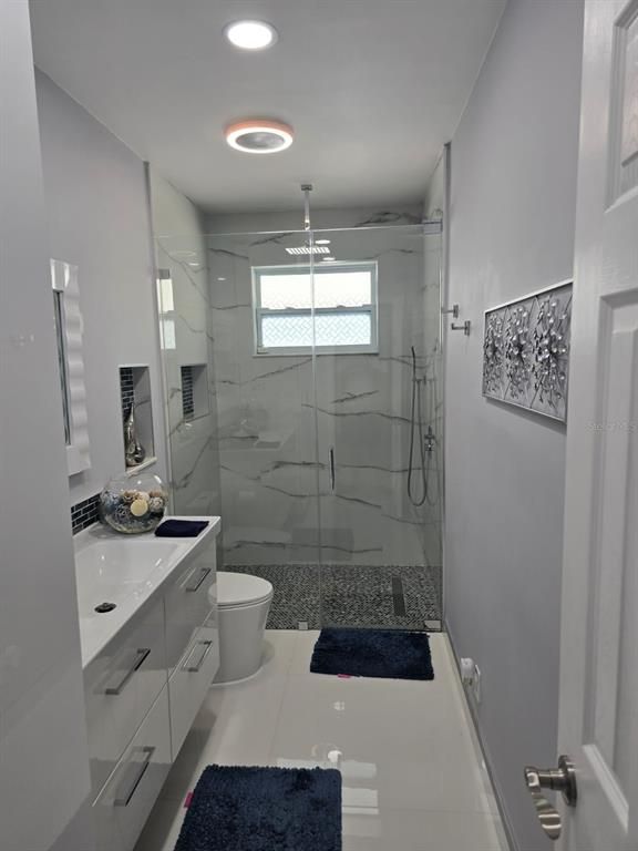 Bathroom, Glass Shower, Interior, Marble Walls, Recessed Lighting