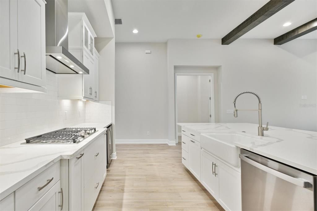 Interior, Kitchen, Recessed Lighting, Stainless Steel Appliances, Wooden Beams, Wood Texture Flooring
