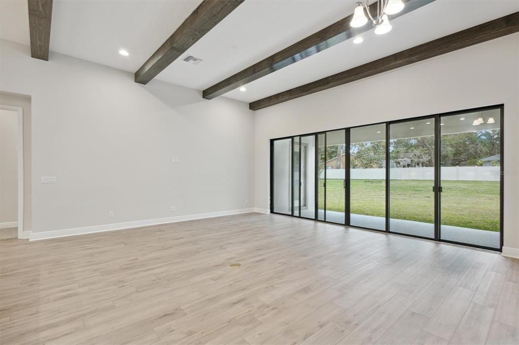 Empty room, Interior, Recessed Lighting, Wooden Beams, Wood Texture Flooring