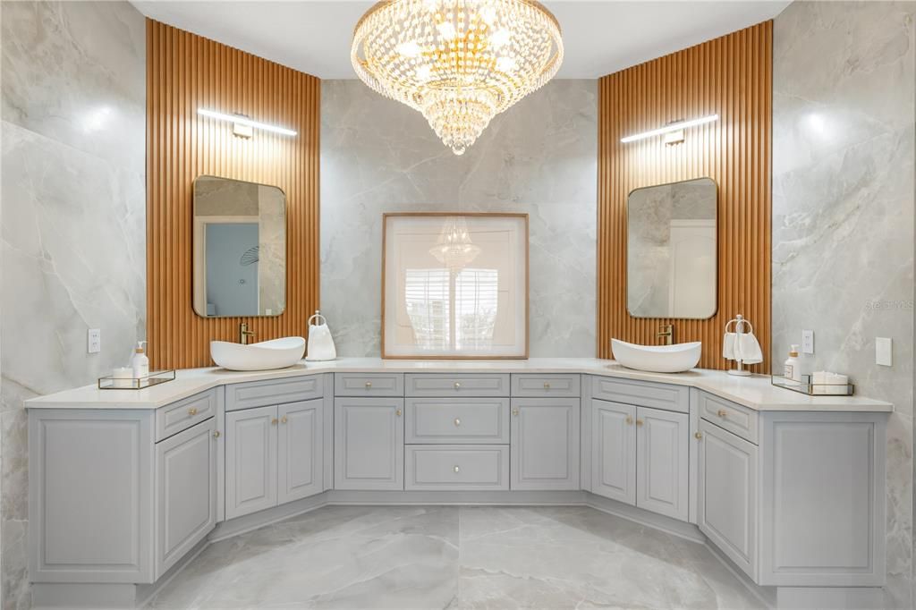 Bathroom, Chandelier, Dual Sink Vanities, Interior, Marble