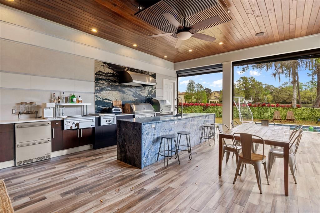 Dining room, Interior, Kitchen, Recessed Lighting, Stainless Steel Appliances, Wooden Ceilings, Wood Texture Flooring
