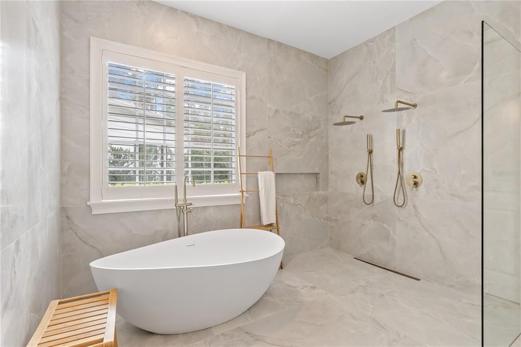 Bathroom, Free Standing Baths, Glass Shower, Interior, Marble, Marble Walls