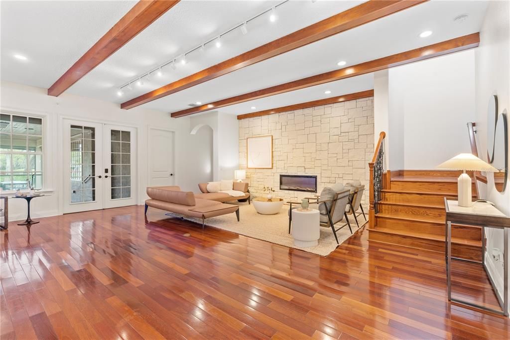Interior, Living room, Recessed Lighting, Stone Walls, Wooden Beams, Wood Texture Flooring
