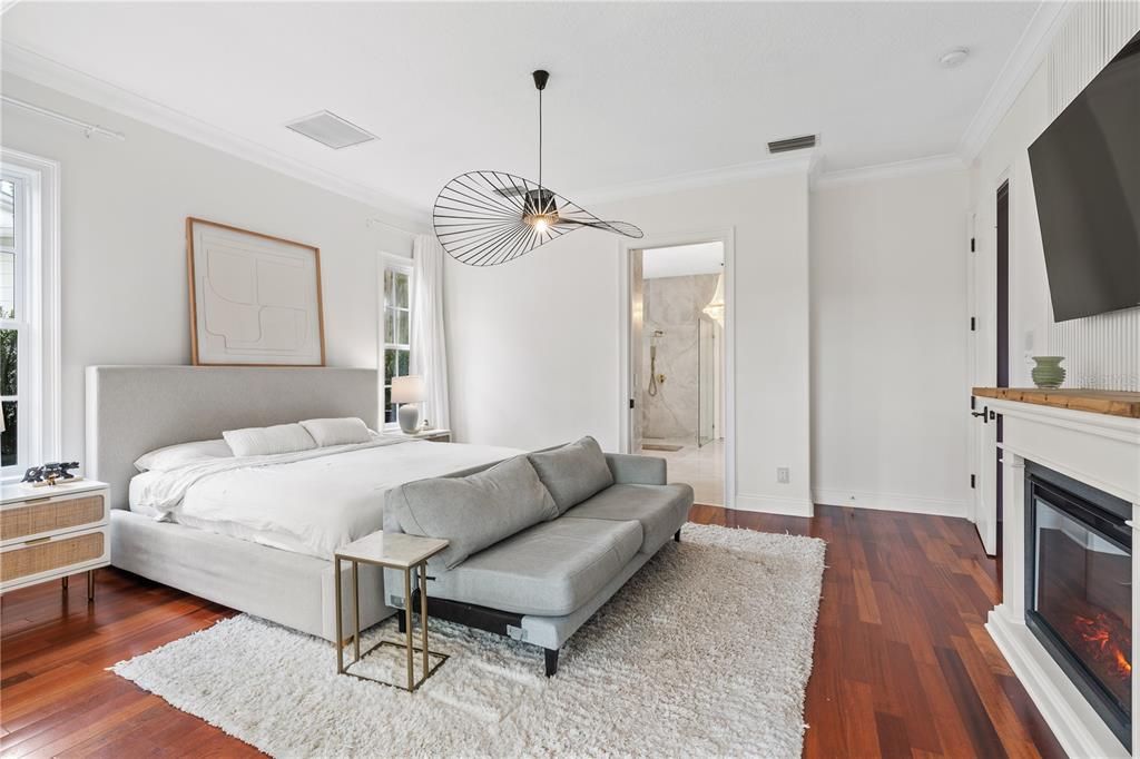 Bedroom, Fireplace, Interior, Pendant Lights, Wood Texture Flooring