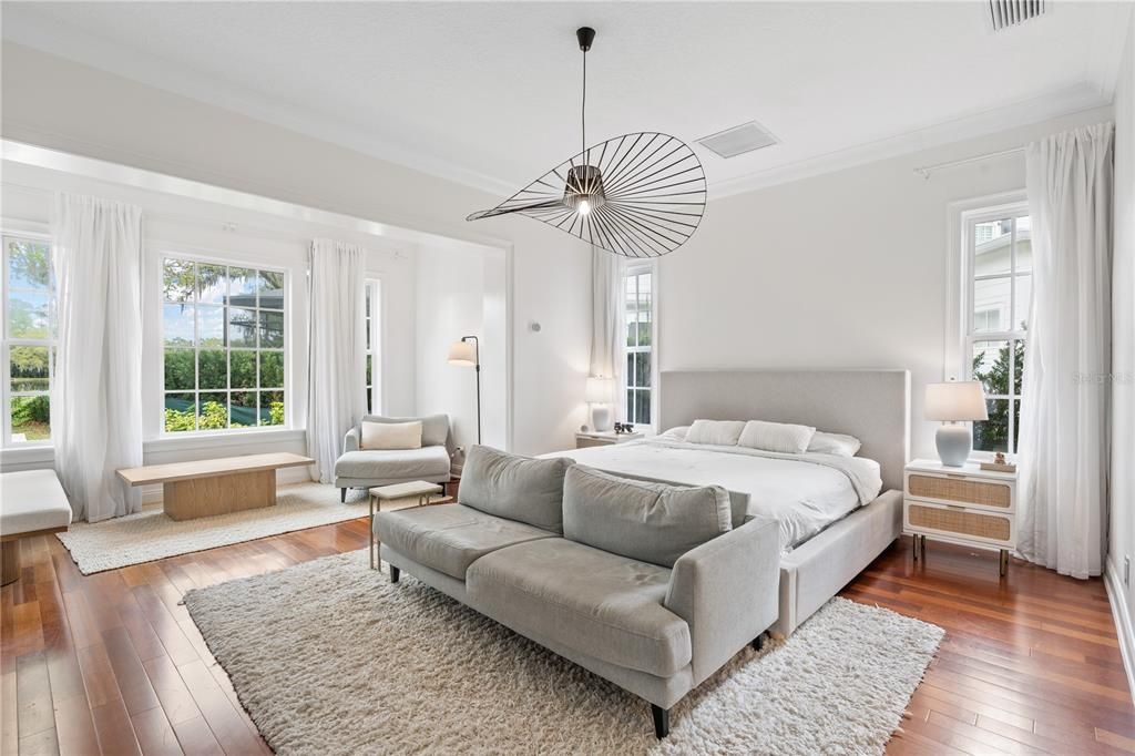 Bedroom, Interior, Pendant Lights, Wood Texture Flooring