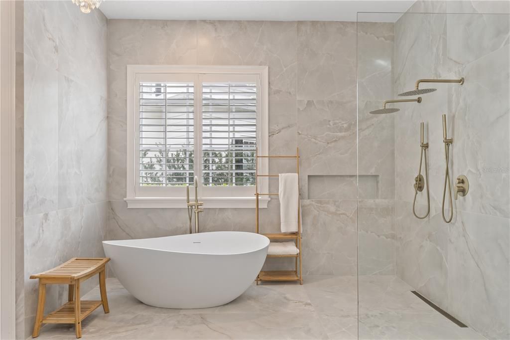 Bathroom, Free Standing Baths, Glass Shower, Interior, Marble, Marble Walls