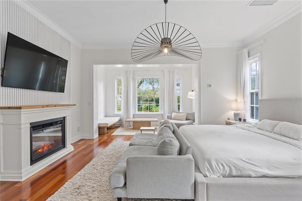 Bedroom, Fireplace, Interior, Pendant Lights, Wood Texture Flooring