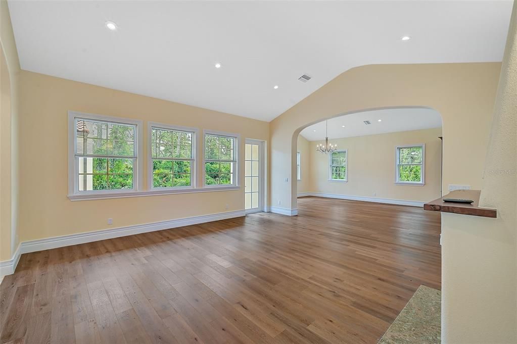 Chandelier, Empty room, Interior, Recessed Lighting, Wood Texture Flooring