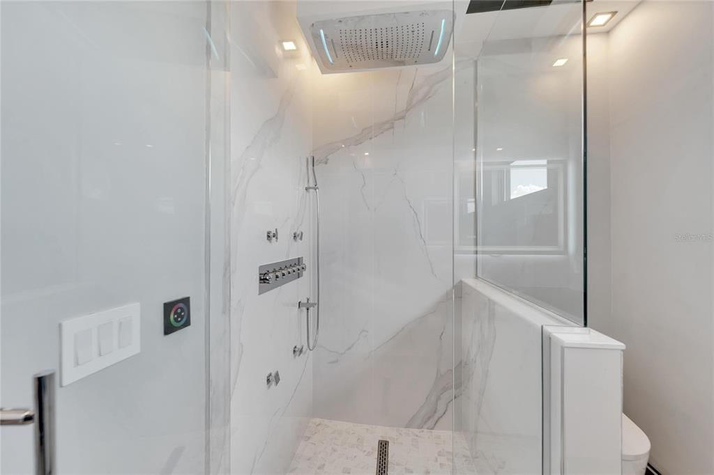 Bathroom, Glass Shower, Interior, Marble Walls, Recessed Lighting