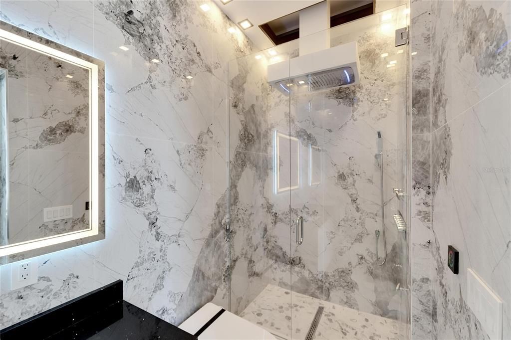 Bathroom, Glass Shower, Interior, Marble Walls, Recessed Lighting