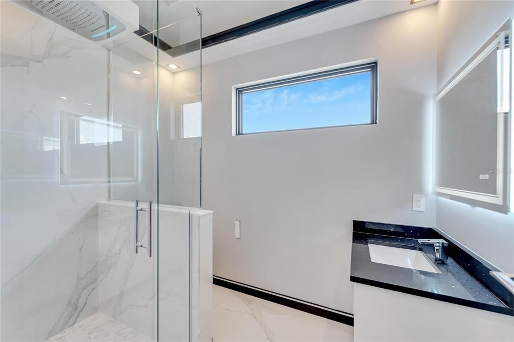 Bathroom, Glass Shower, Interior, Marble, Marble Walls, Recessed Lighting