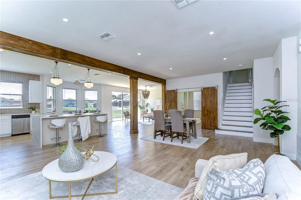 Dining room, Interior, Kitchen, Pendant Lights, Recessed Lighting, Wood Texture Flooring