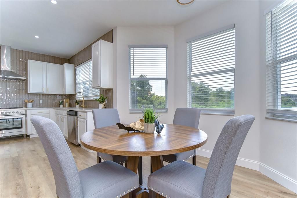 Dining room, Interior, Kitchen, Recessed Lighting, Wood Texture Flooring