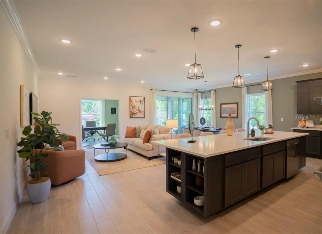 Interior, Kitchen, Living room, Pendant Lights, Recessed Lighting, Wood Texture Flooring
