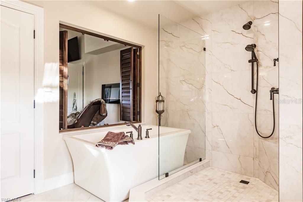 Bathroom, Glass Shower, Interior, Marble Walls, Recessed Lighting