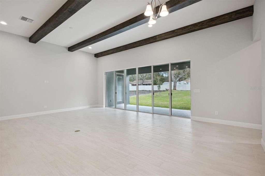Empty room, Interior, Recessed Lighting, Wooden Beams, Wood Texture Flooring