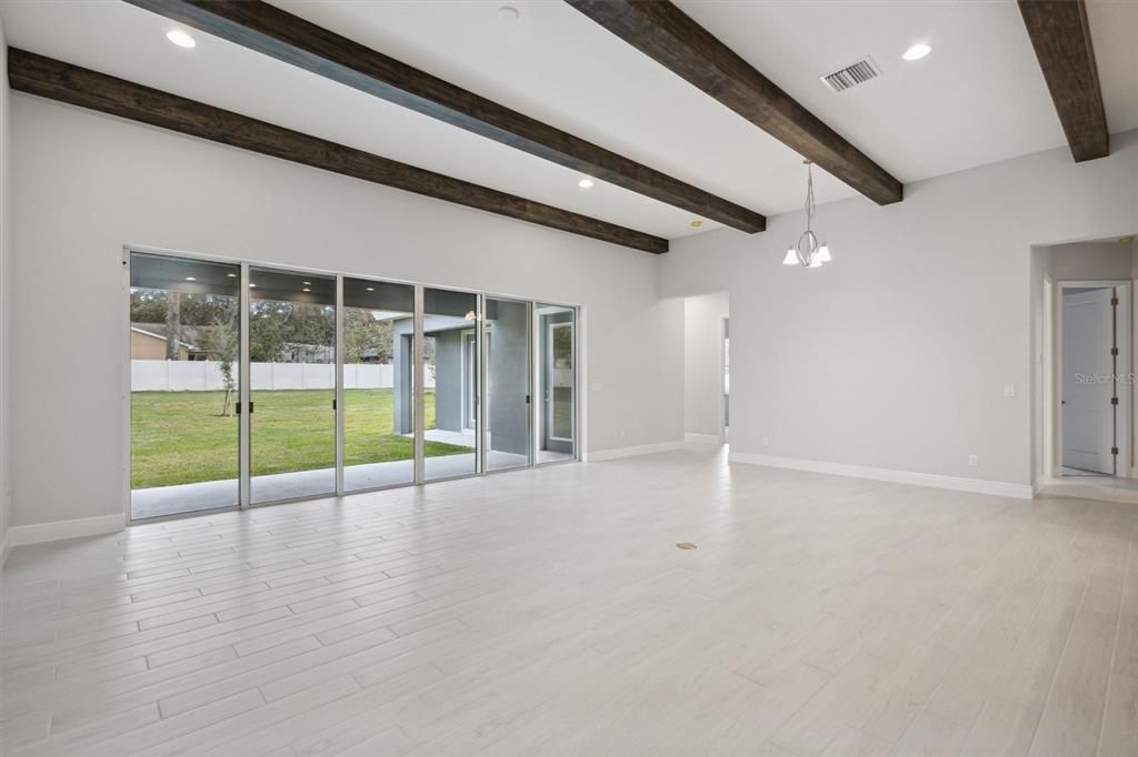 Empty room, Interior, Pendant Lights, Recessed Lighting, Wooden Beams, Wood Texture Flooring