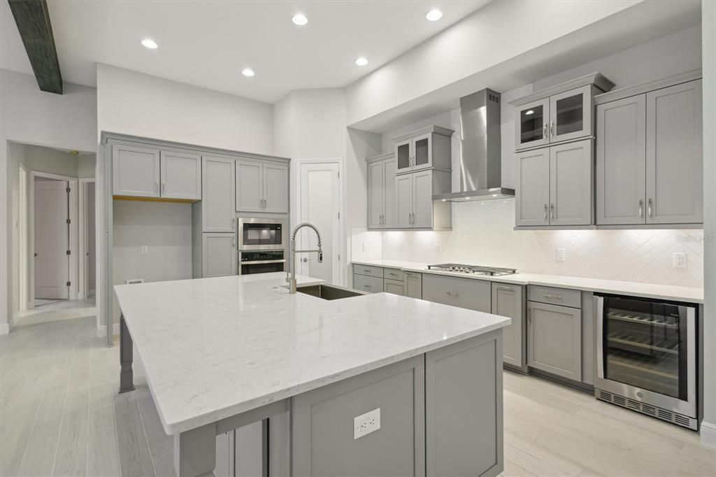 Interior, Kitchen, Recessed Lighting, Stainless Steel Appliances, Wooden Beams, Wood Texture Flooring