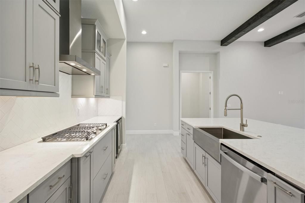 Interior, Kitchen, Recessed Lighting, Stainless Steel Appliances, Wooden Beams, Wood Texture Flooring