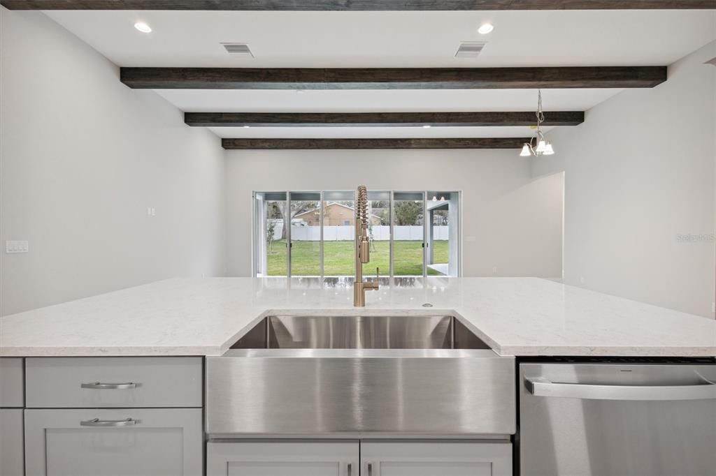 Interior, Kitchen, Pendant Lights, Recessed Lighting, Stainless Steel Appliances, Wooden Beams