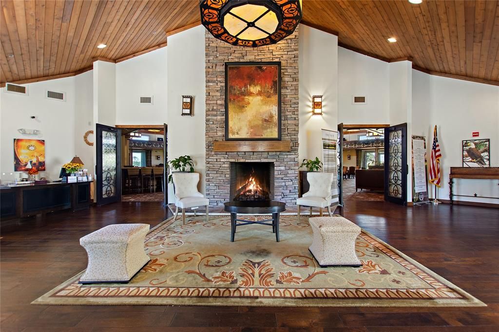 Fireplace, Interior, Living room, Recessed Lighting, Stone Walls, Wooden Ceilings, Wood Texture Flooring