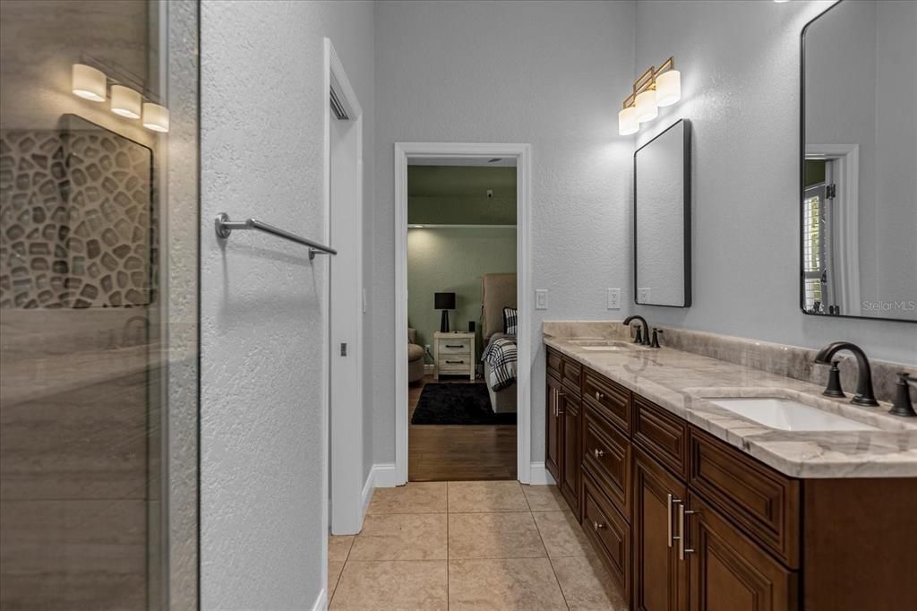 Bathroom, Bedroom, Dual Sink Vanities, Glass Shower, Interior, Wood Texture Flooring