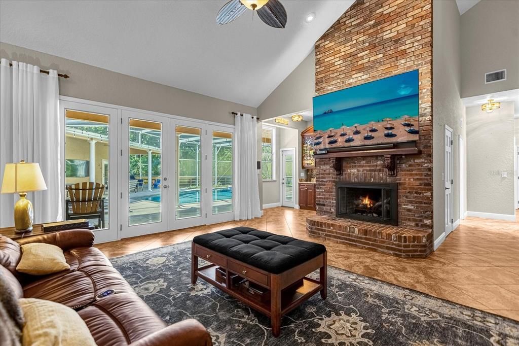 Fireplace, Interior, Living room, Stone Walls, Wood Texture Flooring