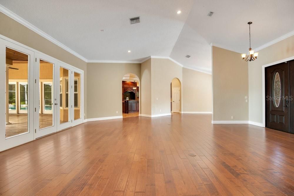 Chandelier, Empty room, Interior, Recessed Lighting, Wood Texture Flooring