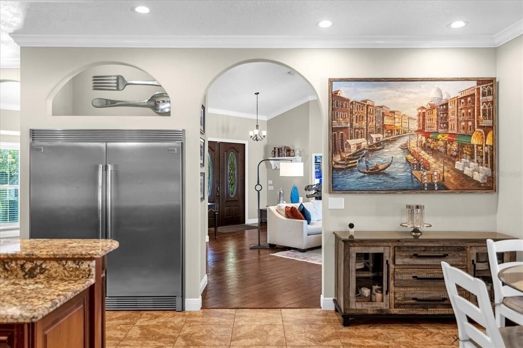 Chandelier, Interior, Living room, Pendant Lights, Recessed Lighting, Stainless Steel Appliances, Wood Texture Flooring
