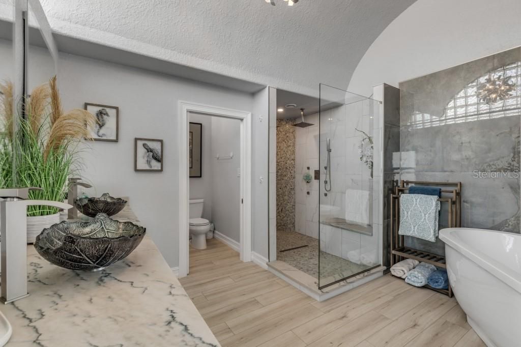 Bathroom, Glass Shower, Interior, Wood Texture Flooring