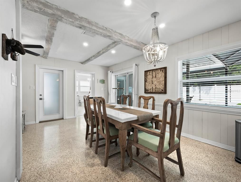 Chandelier, Dining room, Interior, Recessed Lighting, Wooden Beams