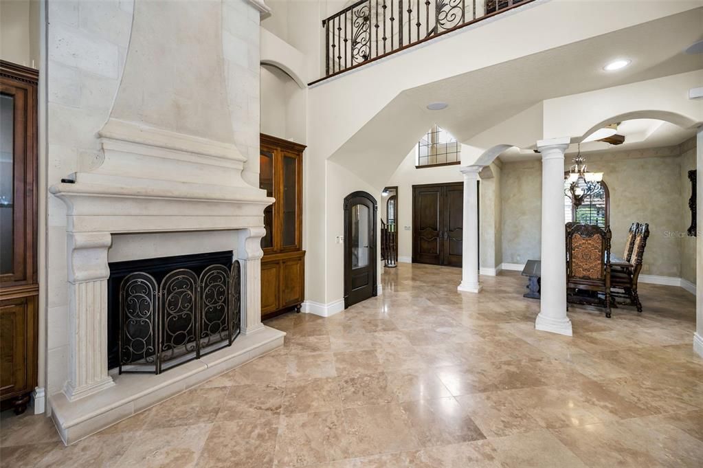 Chandelier, Dining room, Fireplace, Interior, Recessed Lighting