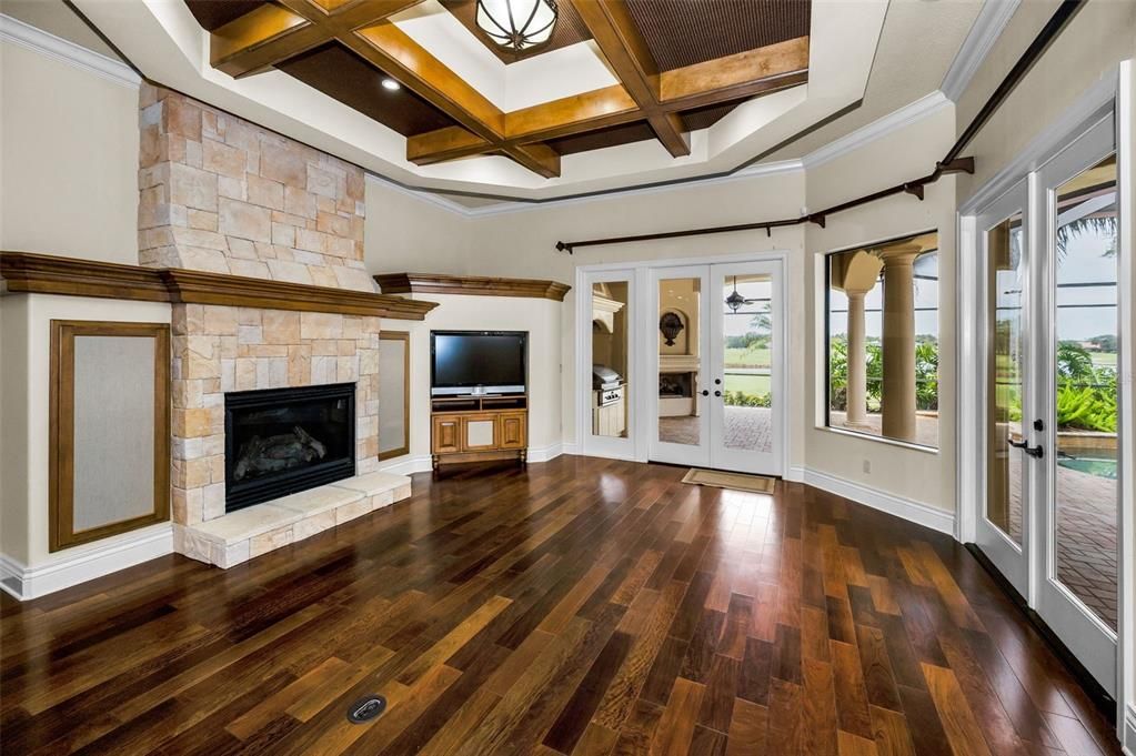 Empty room, Fireplace, Interior, Recessed Lighting, Wooden Beams, Wood Texture Flooring