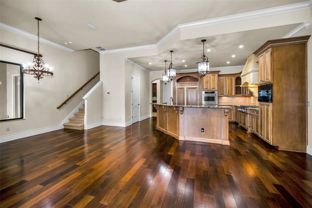 Chandelier, Interior, Kitchen, Pendant Lights, Recessed Lighting, Wood Texture Flooring