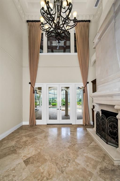 Chandelier, Fireplace, Interior