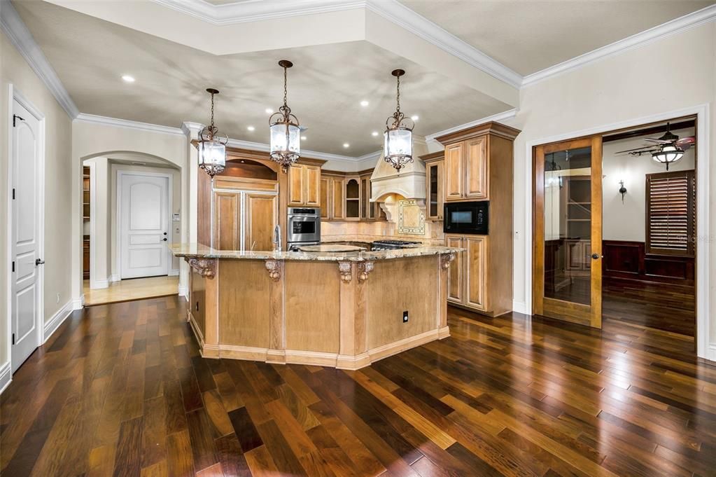 Chandelier, Interior, Kitchen, Pendant Lights, Recessed Lighting, Wood Texture Flooring
