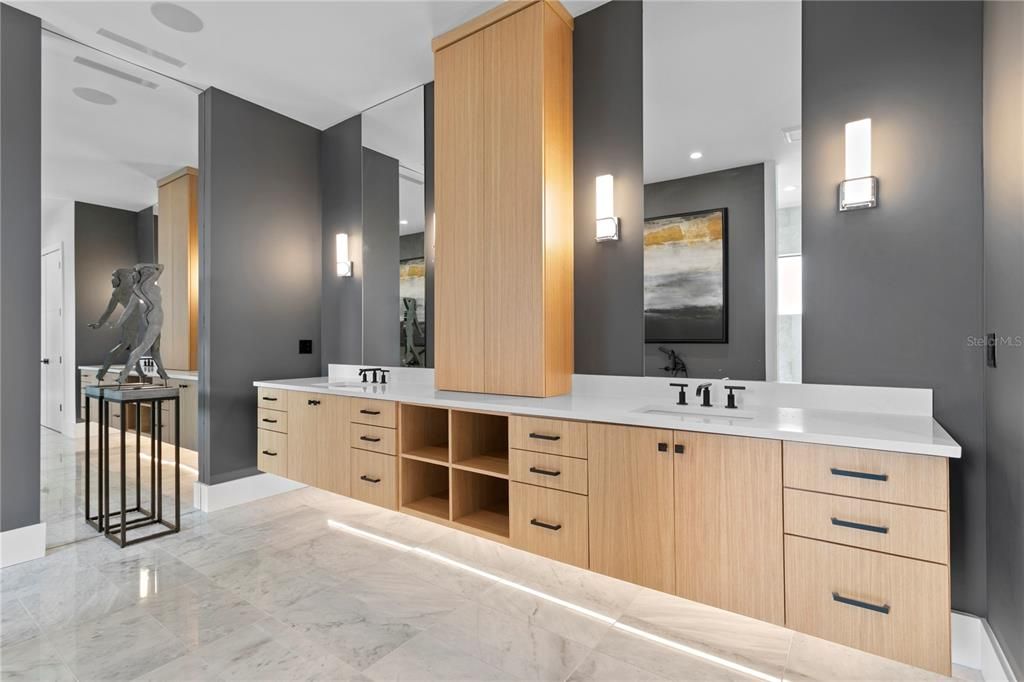 Bathroom, Dual Sink Vanities, Interior, Marble, Recessed Lighting