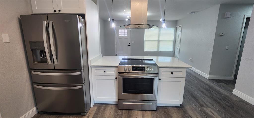 Interior, Kitchen, Pendant Lights, Stainless Steel Appliances, Wood Texture Flooring