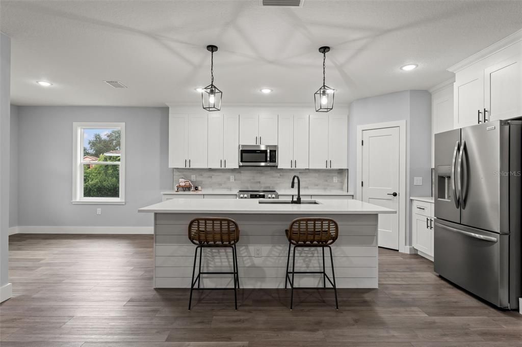 Interior, Kitchen, Pendant Lights, Recessed Lighting, Stainless Steel Appliances, Wood Texture Flooring