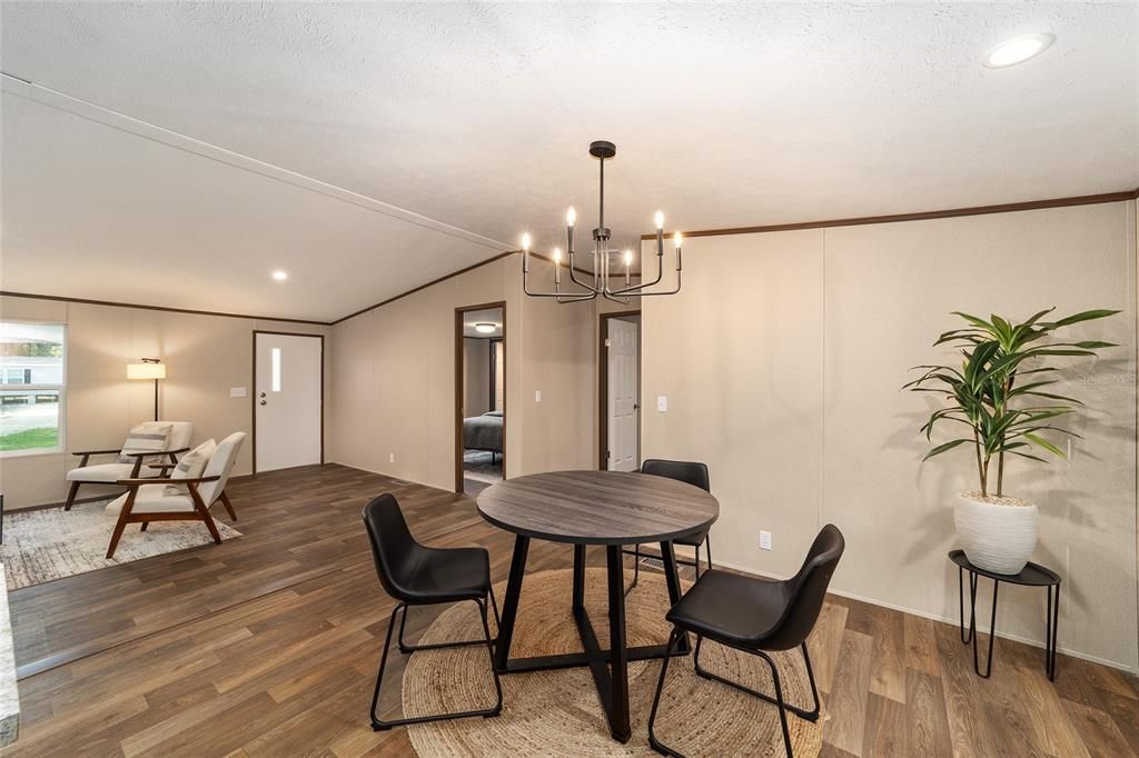 Chandelier, Dining room, Interior, Recessed Lighting, Wood Texture Flooring