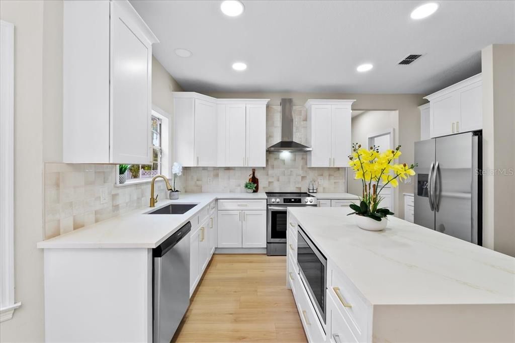 Interior, Kitchen, Recessed Lighting, Stainless Steel Appliances, Wood Texture Flooring