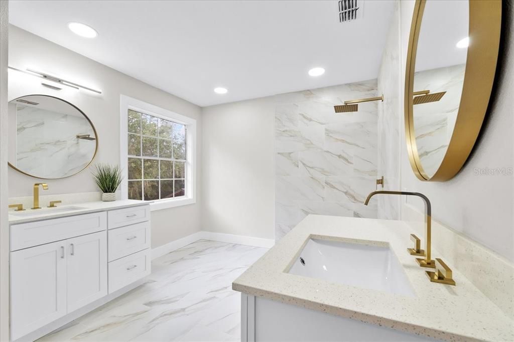 Bathroom, Dual Sink Vanities, Interior, Marble, Marble Walls, Recessed Lighting