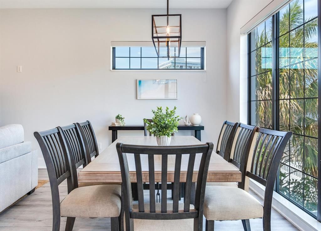 Dining room, Interior, Pendant Lights, Wood Texture Flooring
