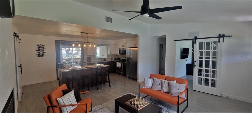 Interior, Kitchen, Pendant Lights, Stainless Steel Appliances, Wood Texture Flooring
